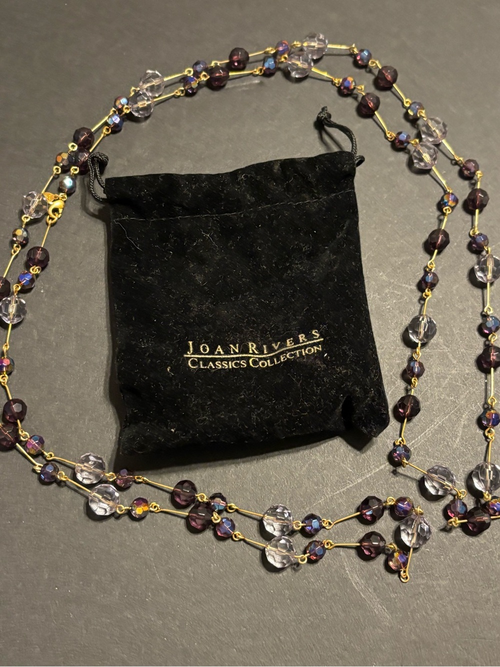 Joan Rivers Classics Collection Purple Crystal Beaded Necklace 28” NWOT Pouch